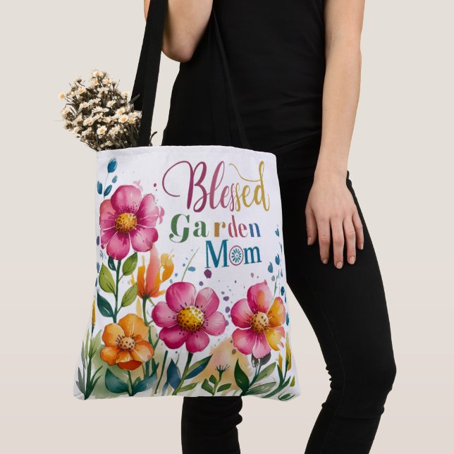 Cute fun Colourful flowers Blessed Garden Mum Tote Bag (Close Up)