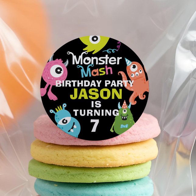Cute Fun Colourful Monster Mash Birthday Party Classic Round Sticker (Cute Fun Colorful Monster Mash Birthday Party Classic Round Sticker)