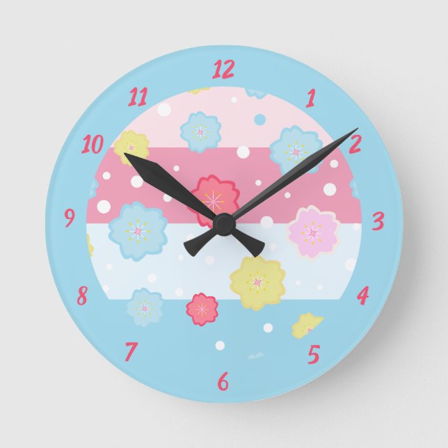 Cute Fun Colourful Pastel Design Pattern Round Clock (Front)