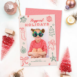 Cute Fun Doodles Pink Red Green Christmas Photo Holiday Card