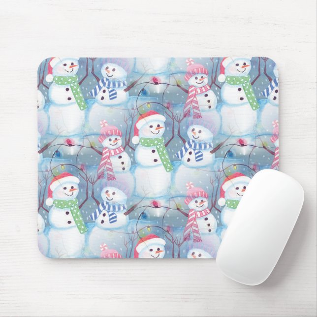 Cute Fun Funny Christmas Holiday Snowmen Pattern Mouse Mat (With Mouse)