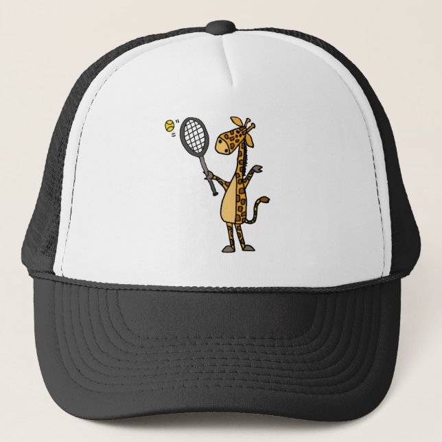 Cute Fun Giraffe Playing Tennis Cartoon Trucker Hat (Front)