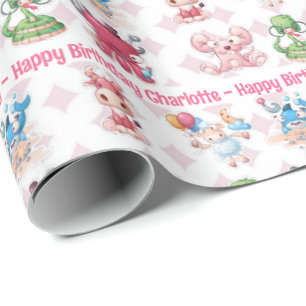 Cute Fun Girl's Birthday Add Name Age Mouse Cow Wrapping Paper