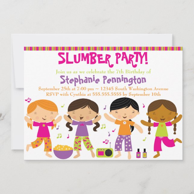 Cute fun girl's birthday slumber party invitation (Front)