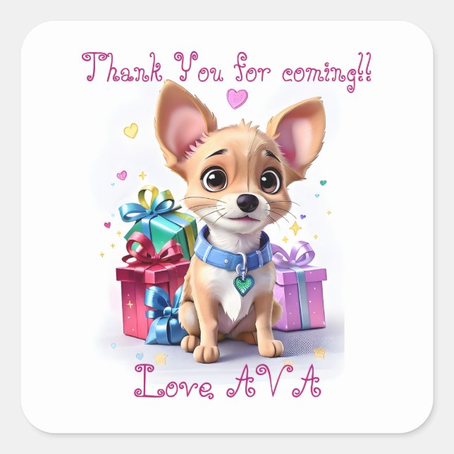Cute Fun Girly Chihuahua Birthday Party Favour Bag Square Sticker (Front)