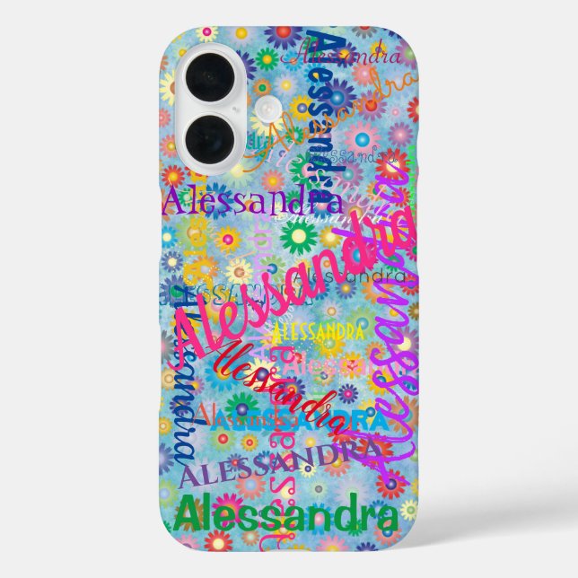 Cute Fun Girly Name Collage with Flowers Blue Case-Mate iPhone Case (Back)