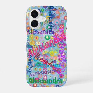 Cute Fun Girly Name Collage with Flowers Blue iPhone 16 Case