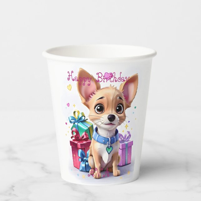 Cute Fun Girly Pink & Chihuahua Birthday Party Paper Cups (Front)