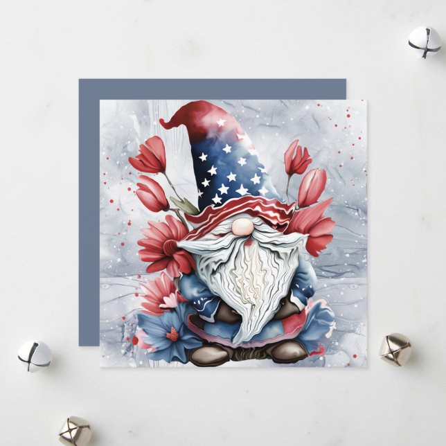 Cute Fun Gnome Gonk With Stars & Stripe Hat  Holiday Card (Front/Back In Situ)