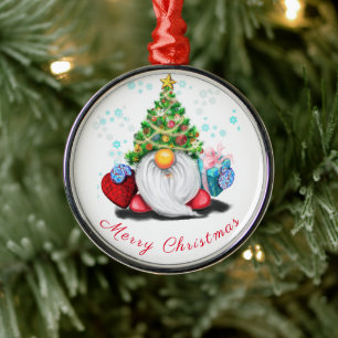 Cute Fun Gnome with Christmas Tree Hat and Gift Metal Tree Decoration