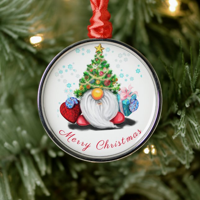 Cute Fun Gnome with Christmas Tree Hat and Gift Metal Tree Decoration (Tree)