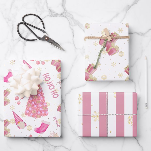 Cute Fun Gold Foil Pink Christmas Pattern Wrapping Paper Sheet (Front)