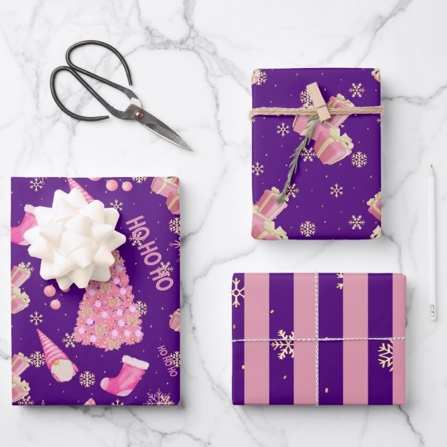 Cute Fun Gold Indigo Pink Christmas Pattern Wrapping Paper Sheet (Front)