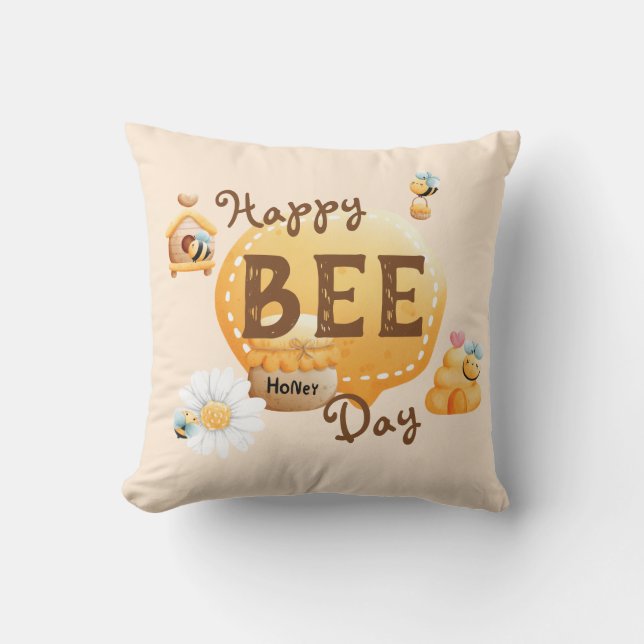 Cute Fun Happy Bee-Day Birthday Cushion (Front)