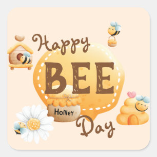 Cute Fun Happy Bee-Day Birthday Square Sticker