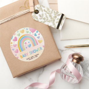 Cute Fun Hearts and Rainbow Baby Shower Classic Round Sticker