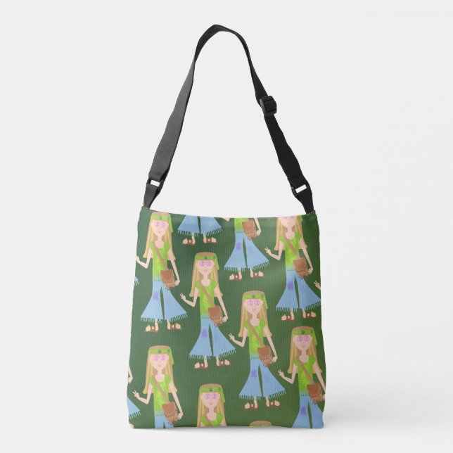Cute Fun Hippie Girl cartoon Retro Pattern Crossbody Bag (Back)