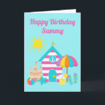 Cute Fun Kids Beach Summer Birthday Card<br><div class="desc">Fun and cute kids beach summer item with beach hut,  sandcastle,  flipflops,  lemonade,  starfish,  ball,  sunshine and umbrella

Clipart by KlouiseDigiArt on Etsy</div>
