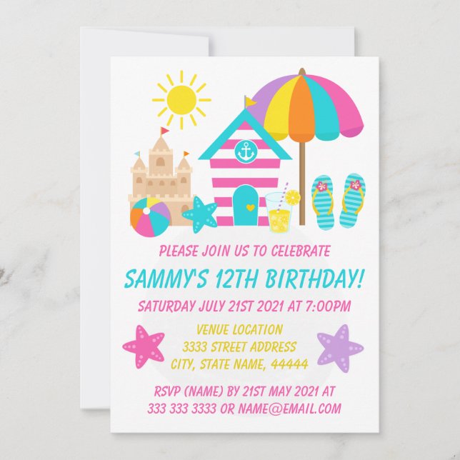 Cute Fun Kids Beach Summer Birthday Party Invitation (Front)