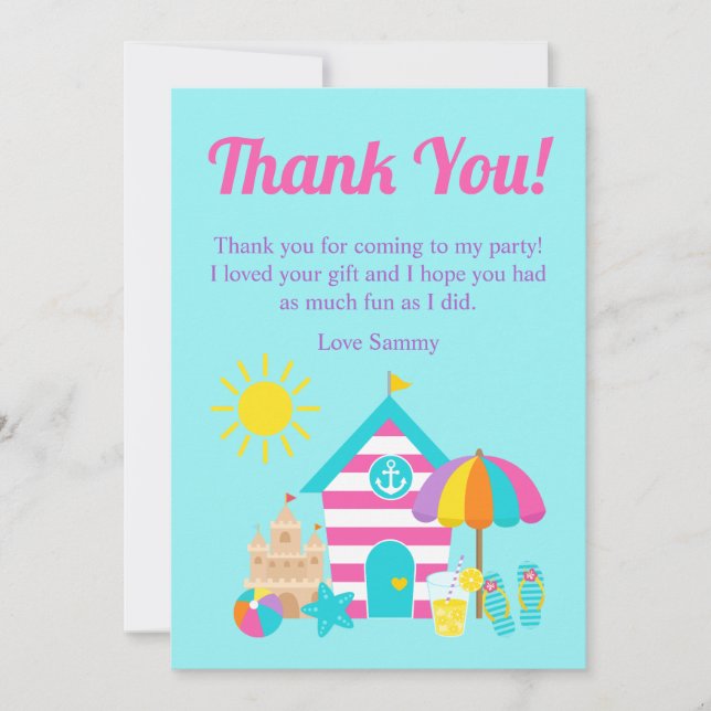 Cute Fun Kids Beach Summer Birthday Party Thank You Card (Front)