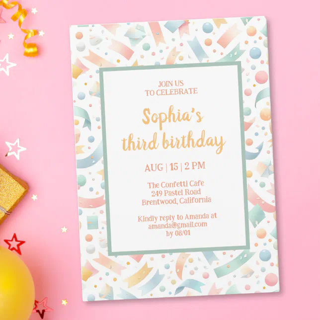 Cute Fun Kids Confetti Colourful Pastel Birthday Invitation | Zazzle