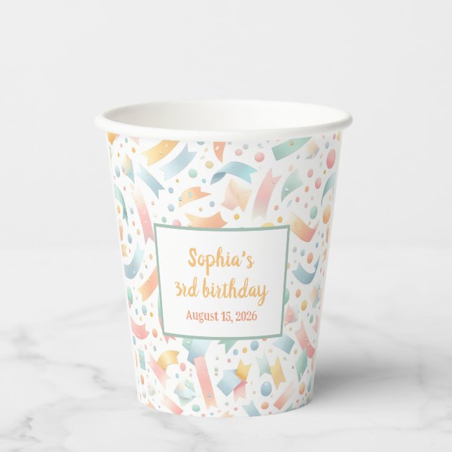 Cute Fun Kids Confetti Colourful Pastel Birthday Paper Cups (Front)