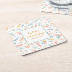 Cute Fun Kids Confetti Colourful Pastel Birthday Square Paper Coaster
