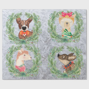 Cute, Fun Llama & Dog Christmas Wreaths Wrapping Paper