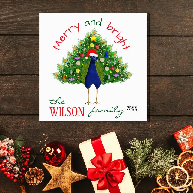 Cute Fun Merry and Bright Christmas Tree Peacock Holiday Card (Creator Uploaded)