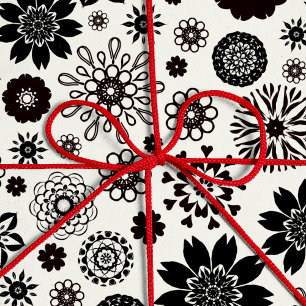 Cute Fun Modern Black and White Floral Pattern Wrapping Paper