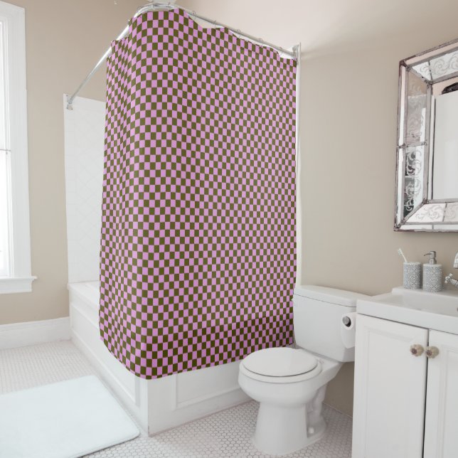 Cute Fun Modern Checkerboard Olive Lilac Geometric Shower Curtain (In Situ)