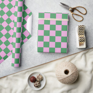 Cute Fun Modern Chequerboard Pink Green Geometric Wrapping Paper