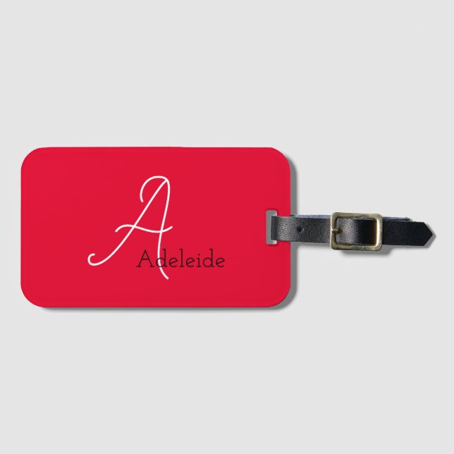 Cute Fun Modern Girly Red Monogrammed Luggage Tag (Front Horizontal)