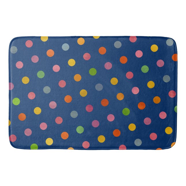  Cute Fun Modern Navy Blue Multicolored Polka Dots Bath Mat (Front)