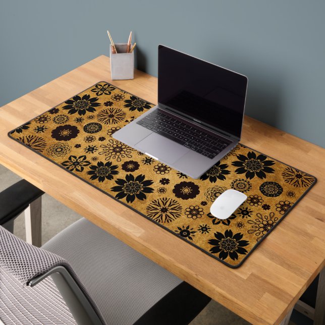  Cute Fun Modern Trendy Floral Pattern Black & Tan Desk Mat (Office 2)