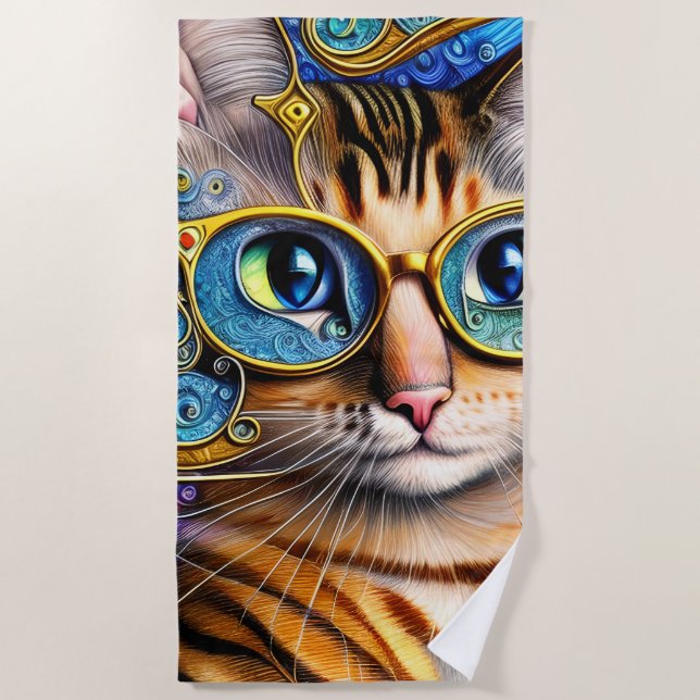 Cute Fun Nerd Cat Wearing Glasses Artwork Beach Towel (Front)