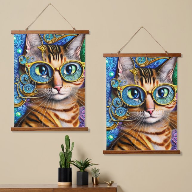 Cute Fun Nerd Cat Wearing Glasses Artwork Hanging Tapestry (Asymmetrical)