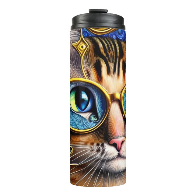 Cute Fun Nerd Cat Wearing Glasses Artwork Thermal Tumbler (Front)