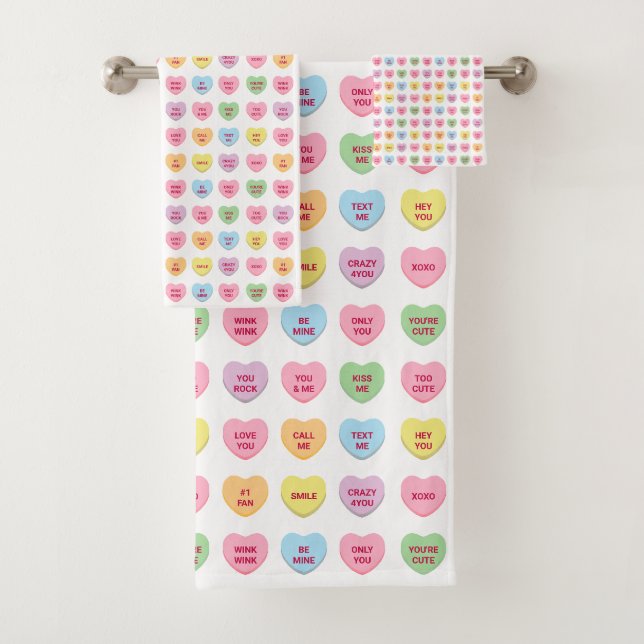 Cute fun pastel custom conversation hearts pattern bath towel set (Insitu)