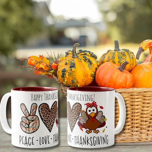 Cute & Fun Peace Love Thanksgiving Two-Tone Coffee Mug (Creator Uploaded)