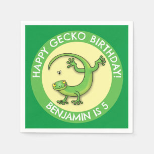 Cute fun personalised green gecko cartoon birthday napkin