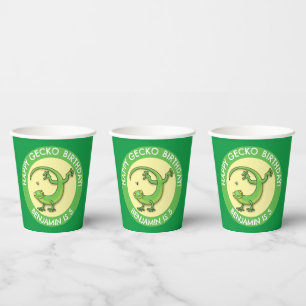 Cute fun personalised green gecko cartoon birthday paper cups