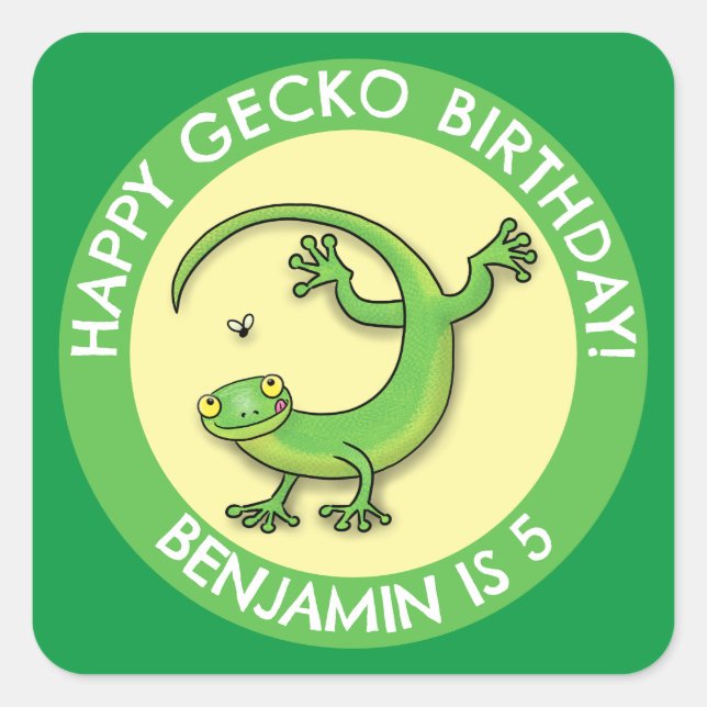 Cute fun personalised green gecko cartoon birthday square sticker (Front)