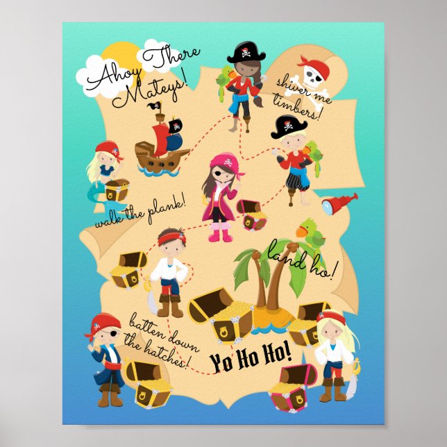 Cute Fun Personalised Pirate Treasure Map Poster (Front)