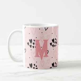 Cute Fun Pink Blush White Black Hearts Monogram Coffee Mug