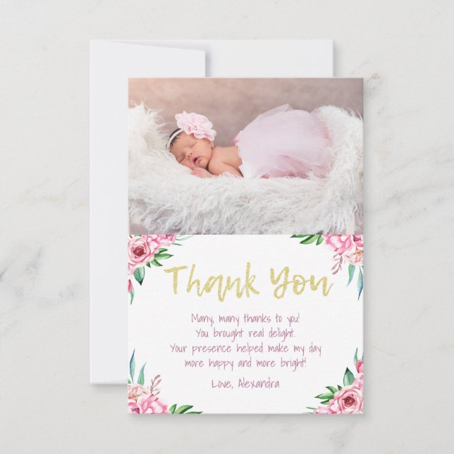 Cute Fun Pink Gold Floral Birthday Photo Thank You Card (Front)