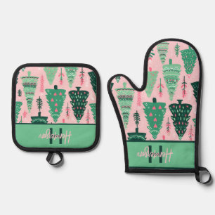 Cute Fun Pink & Green Christmas Tree Pattern Name Oven Mitt & Pot Holder Set