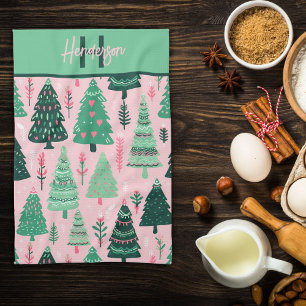 Cute Fun Pink & Green Christmas Tree Pattern Name Tea Towel