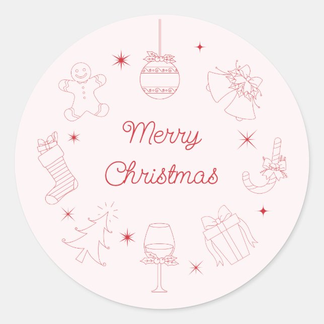 Cute Fun Pink Red Hand Drawn Christmas Classic Round Sticker (Front)