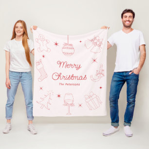 Cute Fun Pink Red Hand Drawn Christmas Fleece Blanket